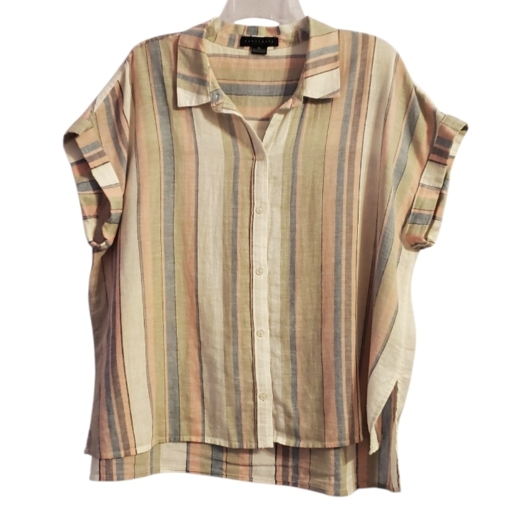 Sanctuary Anthropologie Women's Striped Linen Blend Button Front Blouse XL